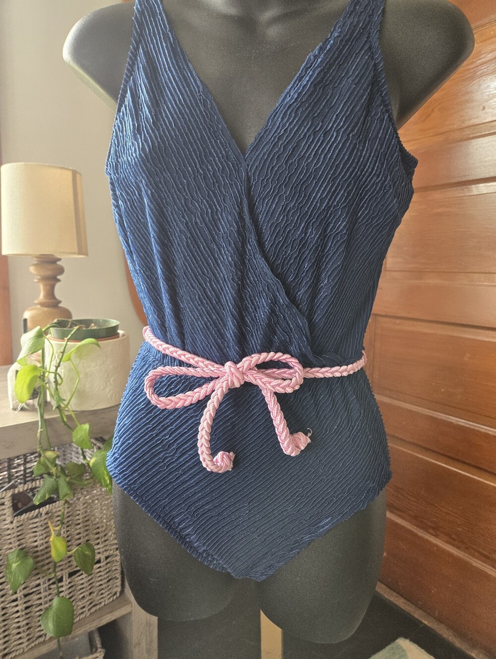 Vintage '80's Jantzen Peacock Blue Faux Wrap Ribbed Belted Swimsuit US 14